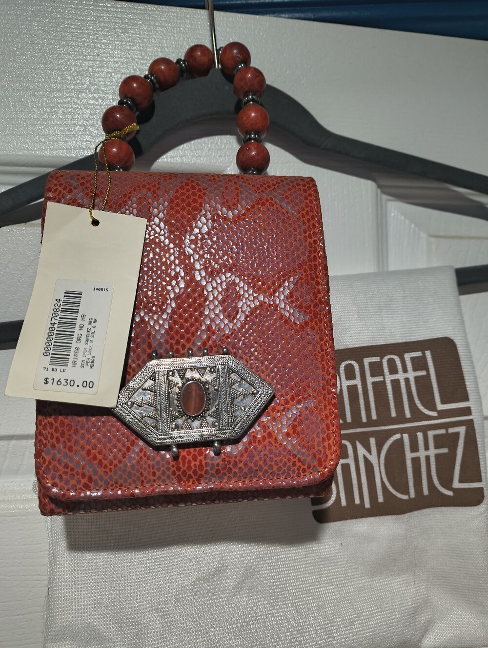 Rafael Sanchez NY Python Embossed Leather Box Bag Wood Bead Handle Minaudiere - Picture 7 of 11
